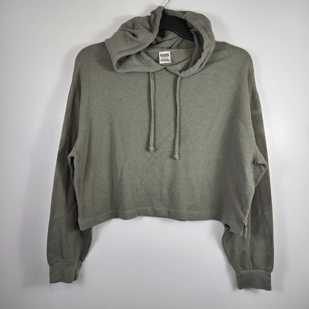 PINK Victoria's Secret Mesh Olive Army Green Athletic Hoodie Crop Top Size Large - Picture 1 of 12